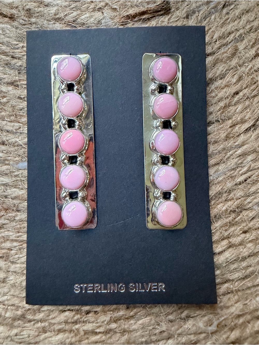 Jody Tsosie Navajo Pink Conch Cabochon Linear Earrings - Picture 2 of 4